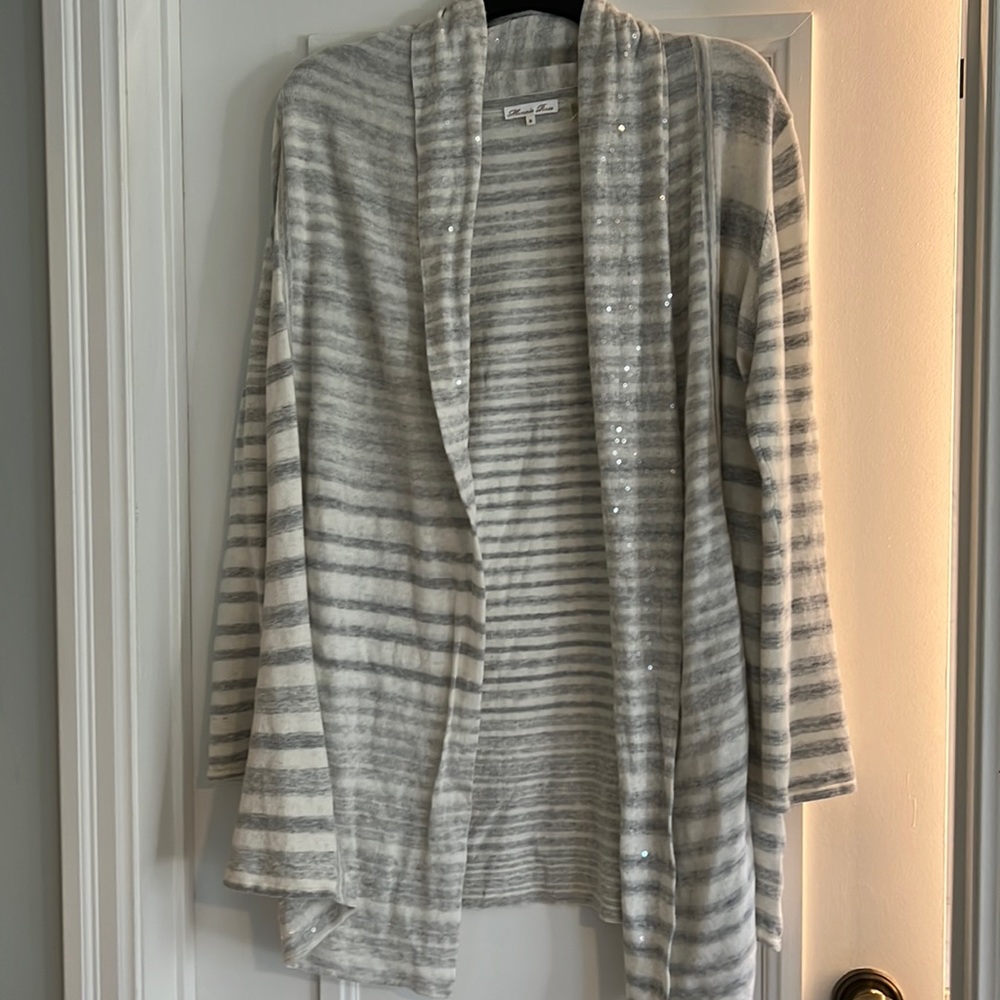 Minnie Rose open cardigan wrap white stripe, sz M